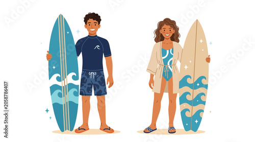 Couple with Surfboards on Beach, Summer Vacation, Surfing Lifestyle