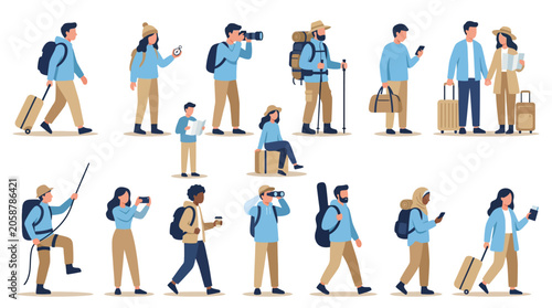 Diverse travelers with luggage, cameras, and backpacks on a white background