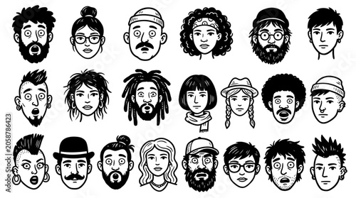 Diverse Hand-Drawn Faces Collection: People Portraits, Various Styles