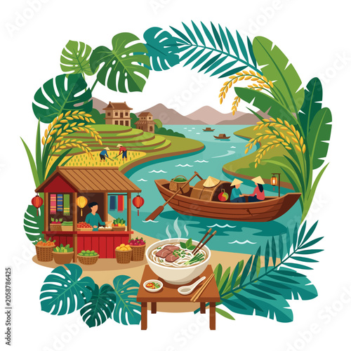 Vietnamese River Village Scene: Rice Fields, Floating Market, Pho Soup & Tropical Plants