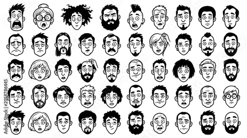 Diverse Cartoon Faces: Expressive Emotions, Black and White Line Art Collection