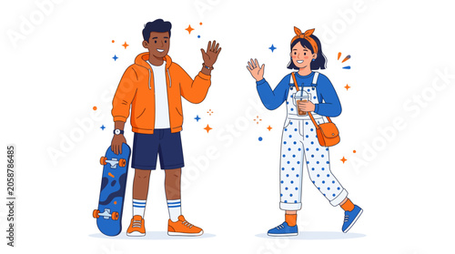 Diverse friends waving hello, one with skateboard, the other with coffee, flat illustration