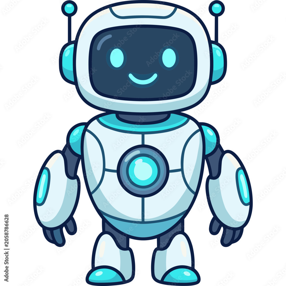 Fototapeta premium A cute robot character wearing headphones stands smiling on white
