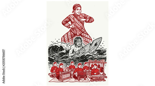 Indonesian Culture Fusion: Traditional Dancer, Surfer, and Gamelan Orchestra