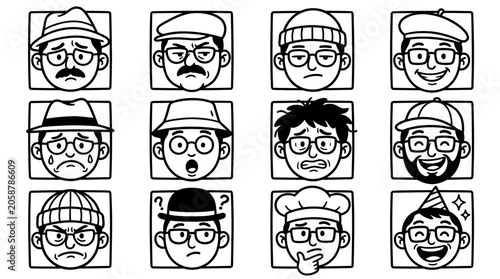 Diverse Facial Expressions: Cartoon Faces with Hats and Glasses