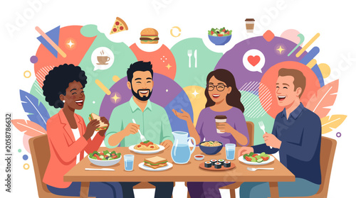 Diverse friends enjoying a meal together, celebrating friendship and good food at a cafe.