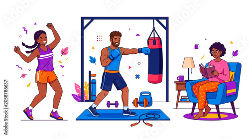 Diverse people exercising and relaxing at home, illustration