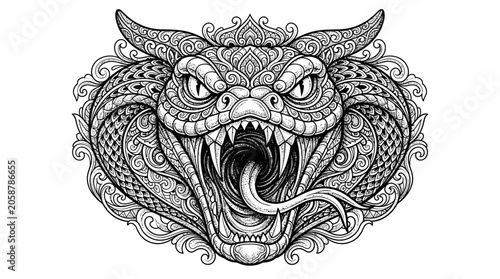 Intricate Cobra Head Illustration with Mandala Pattern - Black and White