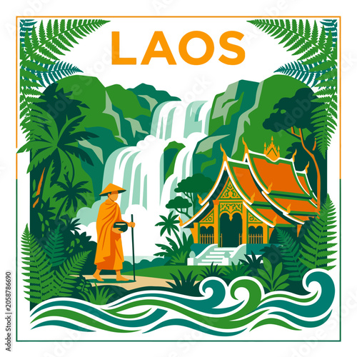 Laos Travel Illustration: Monk, Waterfall, Temple, Tropical Landscape
