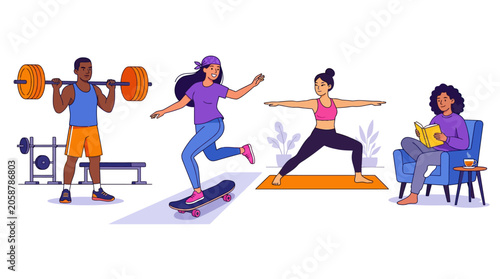 Diverse people enjoying healthy active lifestyles and relaxation