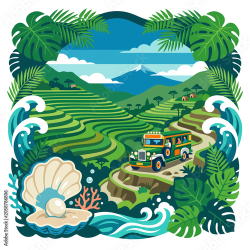 Tropical Paradise: Jeepney on Rice Terraces, Pearl, and Ocean Waves