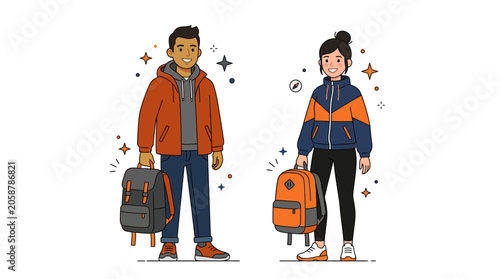 Diverse young adults with backpacks, ready for adventure or school, modern flat illustration