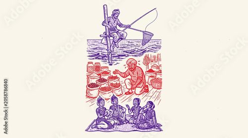 Traditional Sri Lankan life: stilt fisherman, market scene, and seated people.