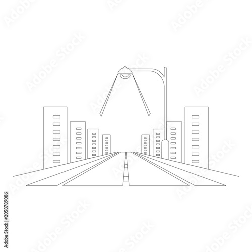 A stylized graphic presents a black and white street view, showing an asphalt road, buildings, and illuminated by a street lamp creating a perspective-driven urban scene.