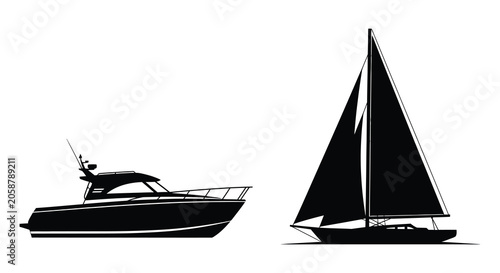 Картината върху платно Sailing yacht and motorboat silhouette against a white background