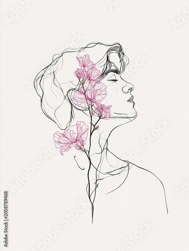 Minimalist Male Side Profile Line Art with Floral Overlay Illustration