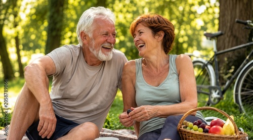 Happy senior couple enjoying park picnic