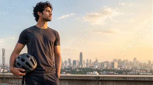 Man holding bicycle helmet overlooking skyline copy space