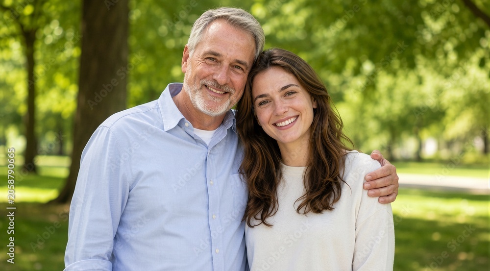 Fototapeta premium Smiling senior man and young woman in park