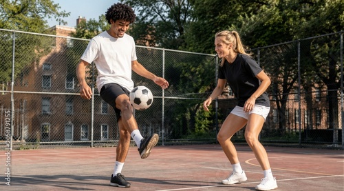 Young man and woman playing soccer
