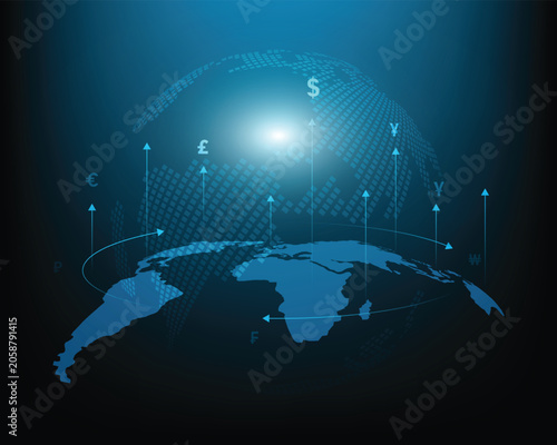 The concept of transferring money across a global currency network on a world map.