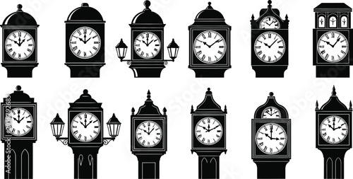 Obraz na plátně Collection of black silhouette tower clocks vintage timekeeping icons