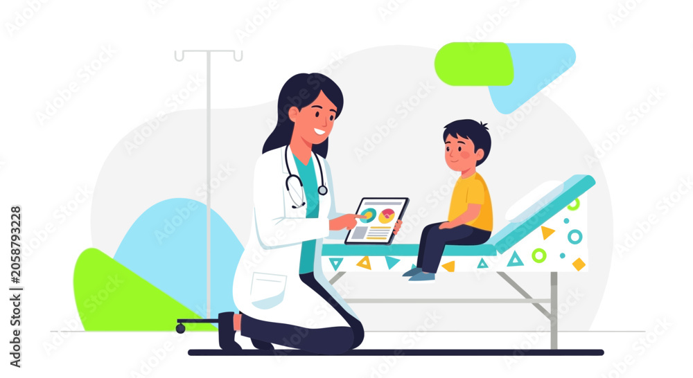 Obraz premium Pediatrician Consulting Young Boy Patient on Examination Table with Digital Tablet