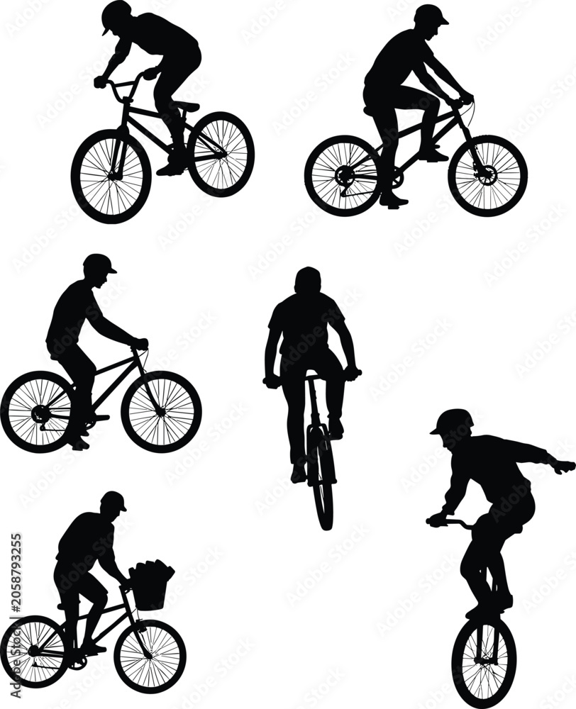 Naklejka premium Cyclist Silhouettes Collection Featuring BMX Stunts Mountain Biking Commuting and Recreational Outdoor Activities
