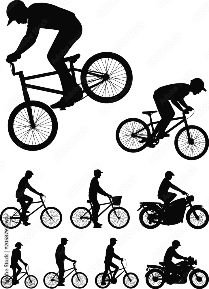 Naklejka premium Cycling and Motorcycle Rider Silhouettes Collection Featuring BMX Tricks Commuting and Outdoor Transportation Activities