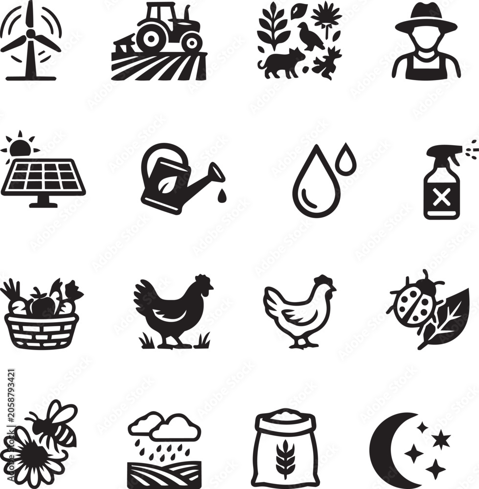 Fototapeta premium Black and white icons representing farming and agriculture concepts.
