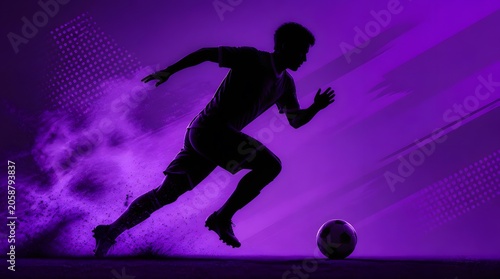 Soccer Player Silhouette Running with Ball on Vibrant Purple Background Dynamic Motion