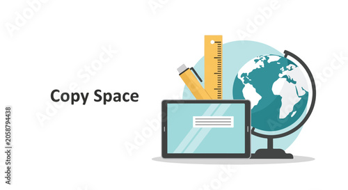 Fényképezés A minimalist vector graphic showing a tablet, ruler, pen, and a world globe against a clean background with designated area for text
