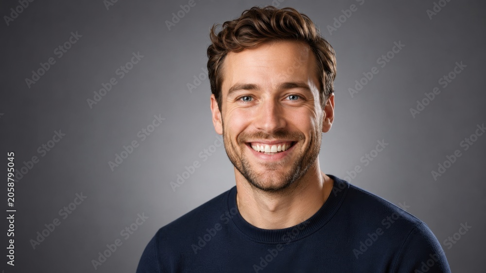 Obraz premium Smiling young man wearing navy sweater in gray studio portrait