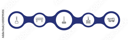 construction outline icon set. derrick with load, barrier, sweeping broom, truck with crane and more. linear vector collection. editable stroke