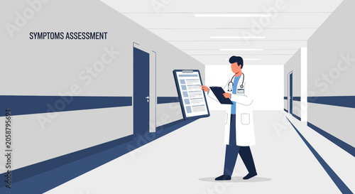Doctor assessing symptoms in hospital hallway, medical concept