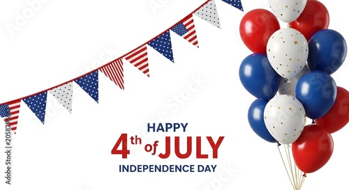 Colorful July Fourth Celebration with Bunting and Balloons Against White Background