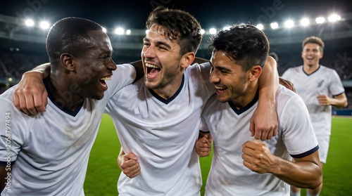 Soccer Players Celebrating Success Together on Field Under Stadium Lights