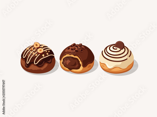 Bild auf Leinwand Chocolate cream puff and donut dessert set with hazelnut topping chocolate shavi