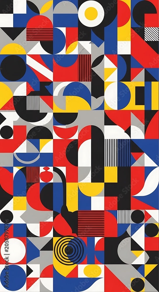 Fototapeta premium Geometric Abstract Composition with Colorful Shapes and Patterns.