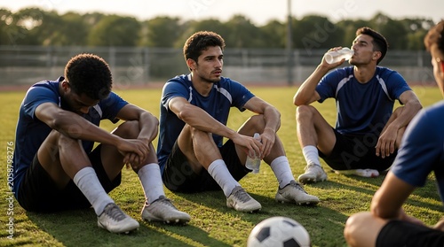 Soccer Players Replenish Energy Resting on Green Field After Intensive Training Session