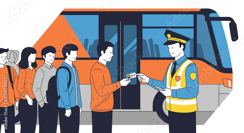 Bus conductor checking tickets of passengers in queue for travel