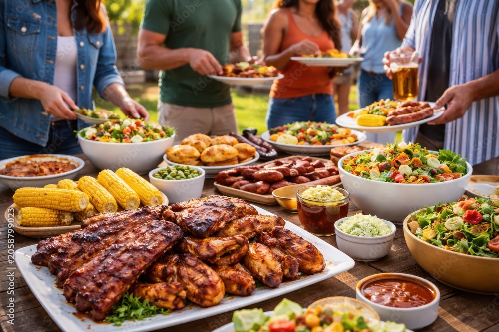 Obraz premium Backyard barbecue spread with grilled meats and salads on wooden table