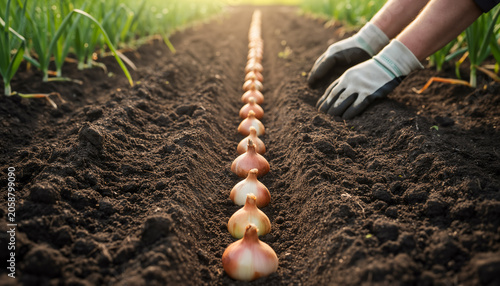 Close up view of gloved hands carefully planting a straight row of yellow onion sets into rich dark soil on an organic vegetable farm illuminated by warm sunlight