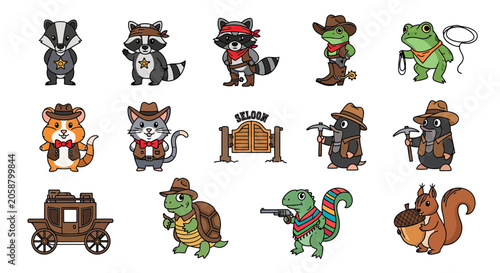 Wild west animal characters featuring cowboys sheriffs and outlaws.