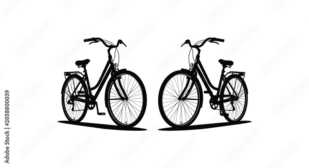 Fototapeta premium Two Bicycle Silhouettes Against White Background Minimalist Vector Silhouette