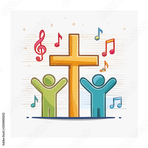 Cross with music notes and people illustration