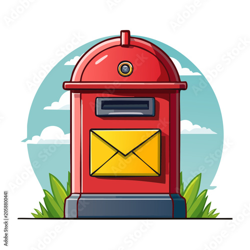Red mailbox with yellow envelope and clouds illustration