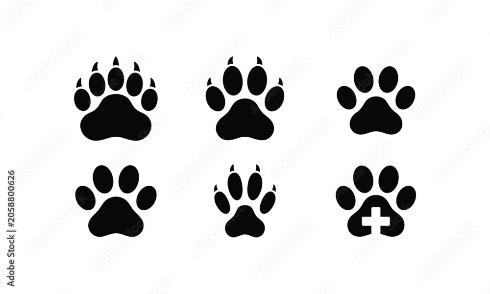 Fototapeta premium Animal paw print icon collection for wildlife tracking.
