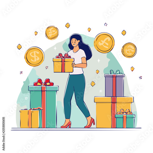 Woman holding gift box surrounded by presents and coins