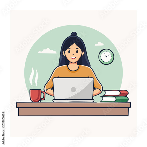 Woman working on laptop with coffee and books